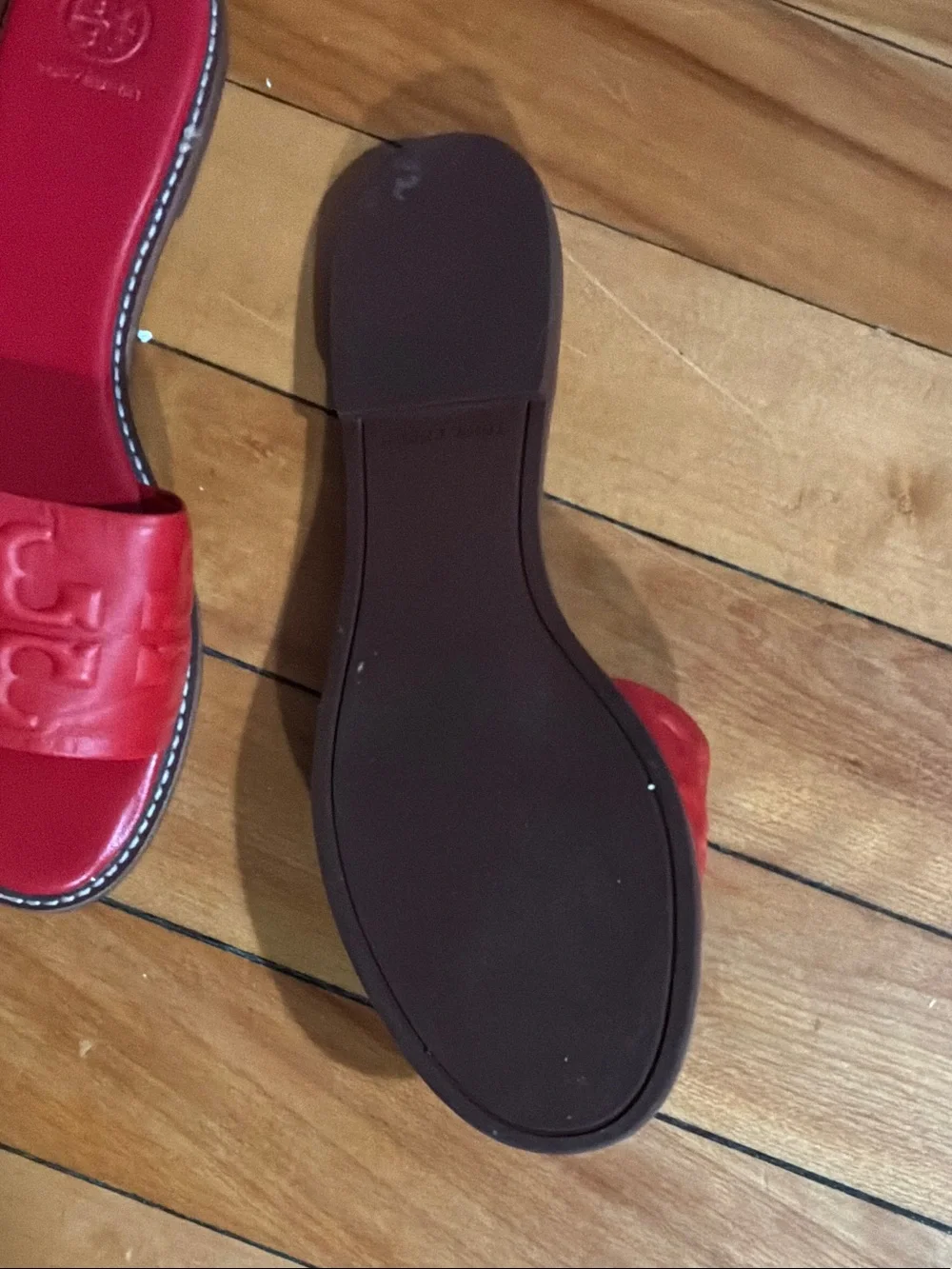 Tory Burch Red Embossed Logo Slide Sandals